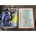 BOXED VICTORY GEOGRAPHICAL WOODEN JIGSAW PUZZLE AND STAR WARS DARTH VADER SCULPTURE PUZZLE