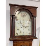 19TH CENTURY MAHOGANY INLAID LONG CASE CLOCK WITH A PAINTED ARCHED FACE WITH 8 DAY MOVEMENT