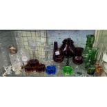 SHELF OF CUT GLASSWARE INC MALLET DECANTER AND STOPPER, SMALL CLARET JUG,