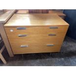 1970S TEAK THREE DRAWER CHEST ON CHROME LEGS