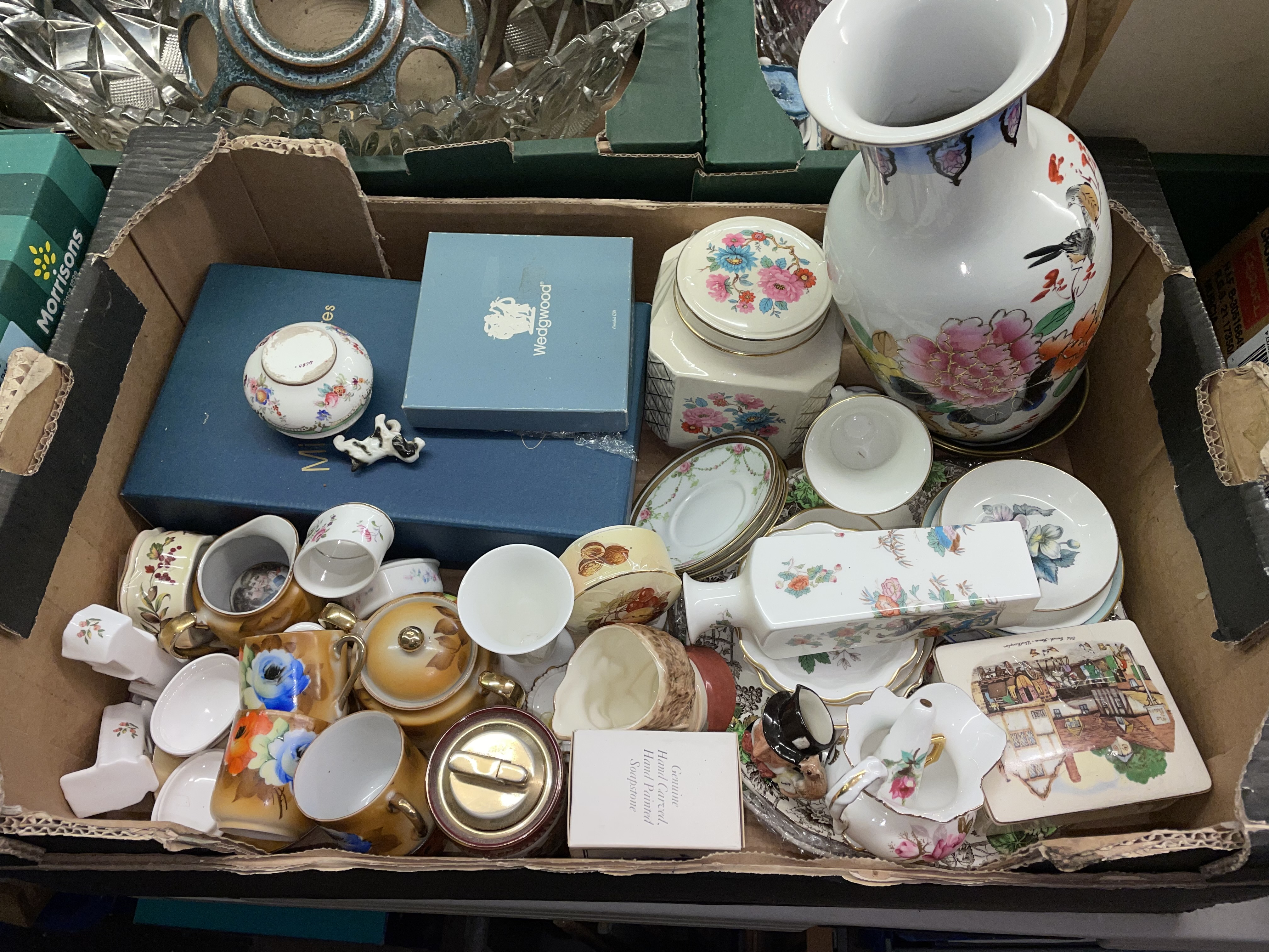 BOX - WEDGWOOD PIN DISHES, FRENCH SAUCERS, MINIATURE CHARACTER JUGS, VASE,