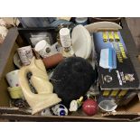 BOX OF MISCELLANEOUS ITEMS INCLUDING MILK GLASS DECANTER,