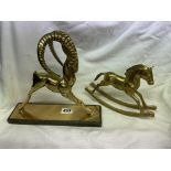 BRASS MODEL OF AN IBEX AND BRASS ROCKING HORSE