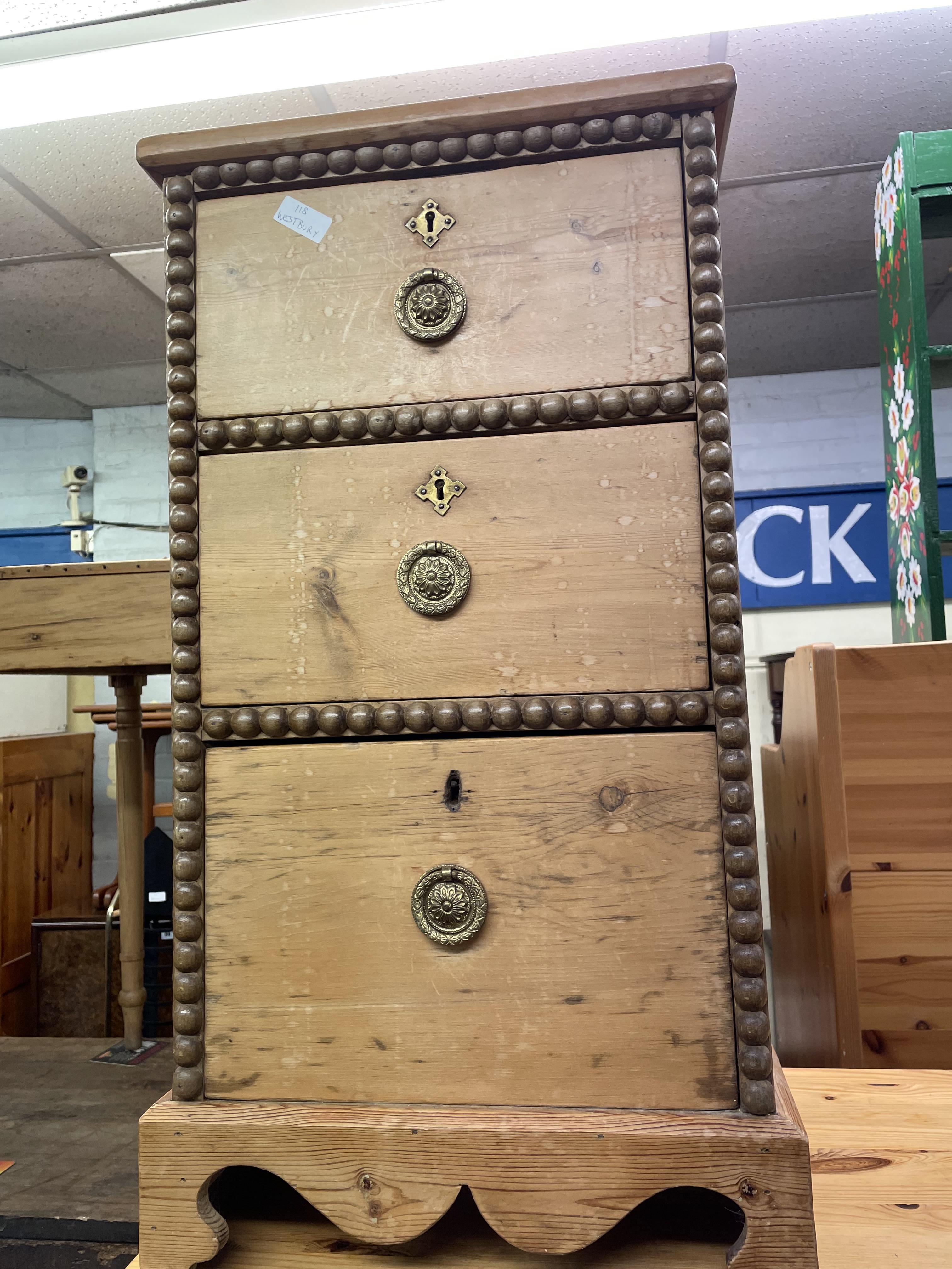 VICTORIAN PINE POT CUPBOARD AND A SMALL PINE THREE DRAWER CHEST - Image 2 of 3