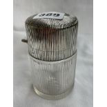 CYLINDRICAL GLASS RIBBED BOTTLE WITH HINGED SILVER LID