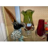 MURANO TYPE PHEASANT AND TWO PIECES OF COLOURED GLASSWARE