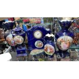 BLUE POTTERY MANTEL TIMEPIECE AND VASES