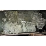 COMPLETE SHELF OF CUT GLASSWARES INCLUDING BISCUIT BARREL, ROSEBOWL, FRUIT BOWLS,