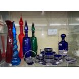 SELECTION OF COLOURED GLASSWARE, BATH SALTS JARS,