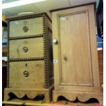 VICTORIAN PINE POT CUPBOARD AND A SMALL PINE THREE DRAWER CHEST
