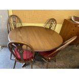 ERCOL ELM DINING TABLE WITH FOUR SWAN CAMEO STICK BACK CHAIRS 115CM D