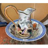 CHINESE ROOSTER DECORATED WASH JUG AND BOWL SET