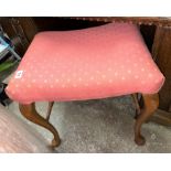 UPHOLSTERED CABRIOLE LEGGED STRETCHER STOOL