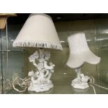 TWO POTTERY BIRD DECORATED TABLE LAMPS