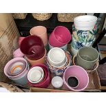 CARTON OF MIXED PASTEL AND FLORAL COLOURED PLANT POTS