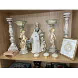 RESIN FIGURAL PLANT HOLDERS, PAIR OF PRICKET CANDLE STICKS, THREE OVAL CHERUB PLAQUES,