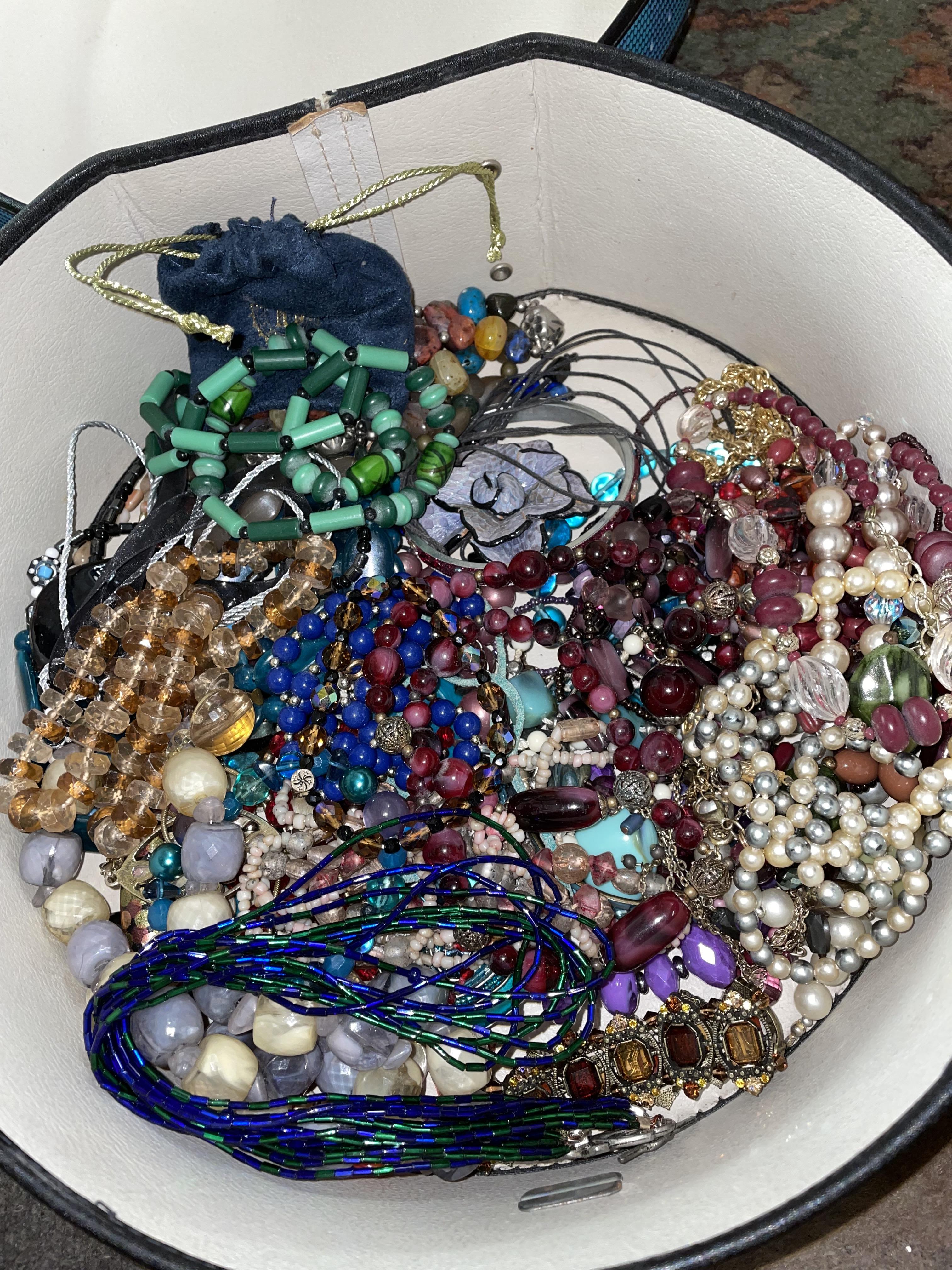 CIRCULAR BOX OF COSTUME BEADS, BROOCHES AND EARRINGS, - Image 2 of 2