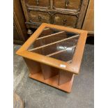 TEAK GLASS TOPPED SQUARE SECTION RECORD/MAGAZINE STORAGE TABLE