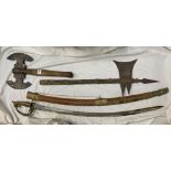 ORNAMENTAL MEDIEVAL STYLE BATTLE AXES AND AN INDIAN SABRE