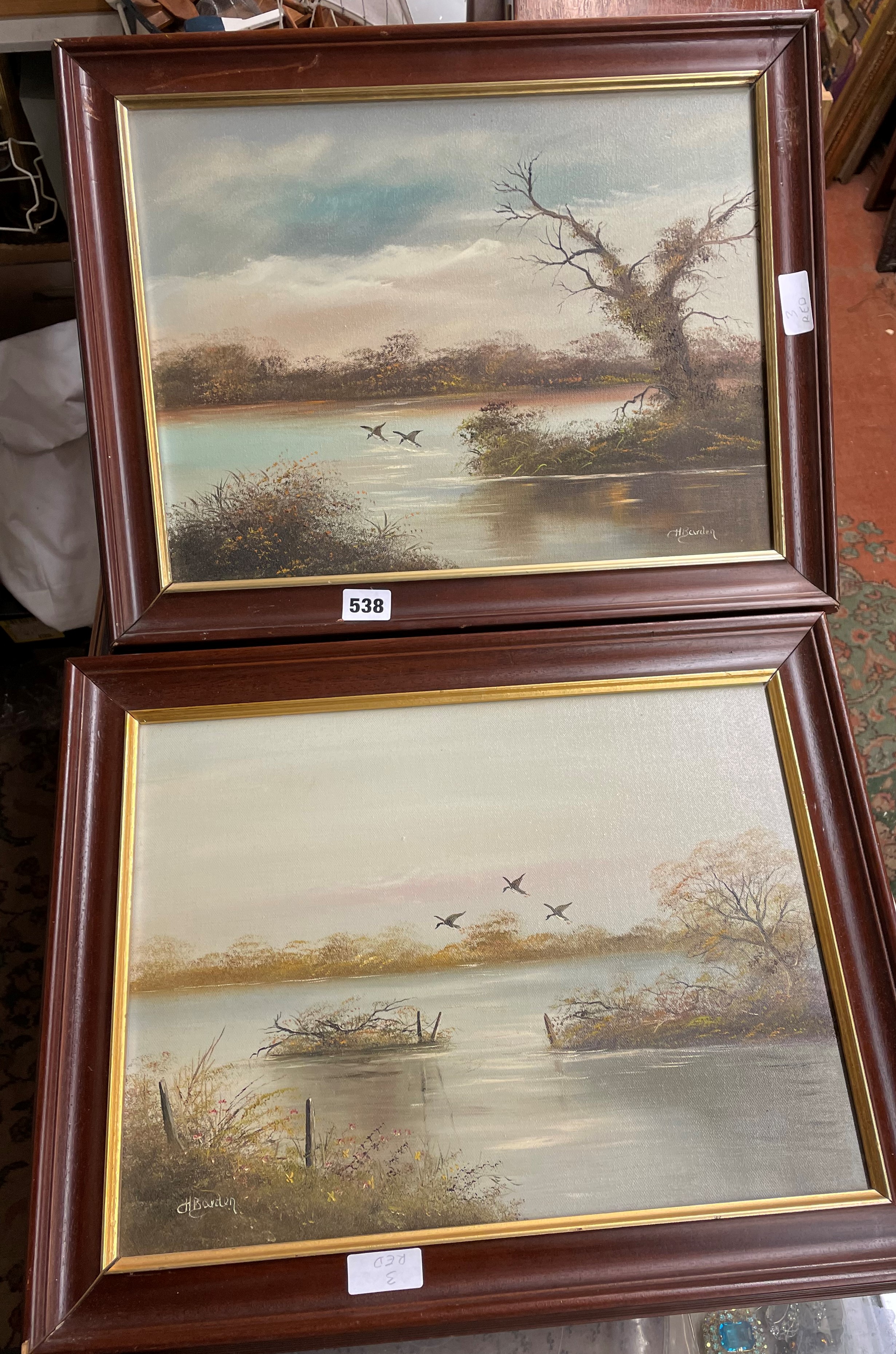 H BARDEN -OILS ON BOARD WATER FOWL IN LANDSCAPES FRAMED