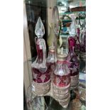 RUBY ETCHED GLASS AND PLATED FOUR BOTTLE CRUET SET
