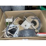TWO BOXES OF ELECTRICAL IRONMONGERY, PATTRESS BOXES, ROLLS OF CABLE,