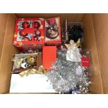 BOX OF ASSORTED CHRISTMAS TREE DECORATIONS AND RELATED ITEMS