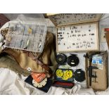 ANGLERS CANVAS BAG WITH BOXES OF WET AND DRY FLIES, TIE MASTER VICE,