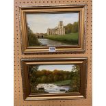 OILS ON BOARD FOUNTAINS ABBEY AND AYSGARTH FALLS NORTH YORKSHIRE SIGNED ROUGHAN A PAIR