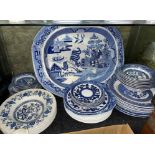 19TH CENTURY BLUE AND WHITE TRANSFER MEAT PLATTER AND OTHER BLUE AND WHITE WARES