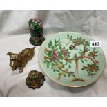 CANTON FAMILLE ROSE PLATE, CLOSSIONNE ENAMEL JAR AND COVER AND BELL,