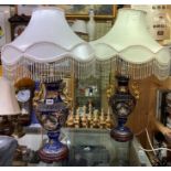 PAIR OF ROYAL BLUE GILDED TWIN HANDLED TABLE LAMPS WITH FRINGED SHADES