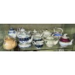 SHELF OF MAINLY VICTORIAN TRANSFER PRINTED WARE TEAPOTS,