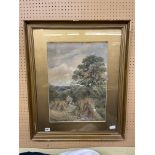 WATER COLOUR OF FIGURES GATHERING HAY IN LANDSCAPE FRAMED AND GLAZED