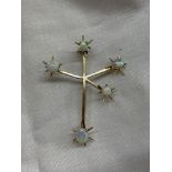 UNMARKED YELLOW METAL ABSTRACT STAR BURST FIVE OPAL BAR BROOCH 4.