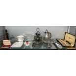 SHELF - EPNS FISH SERVERS, CANTEEN OF DESSERT CUTLERY, PEWTER HOT WATER JUG AND TAZZA,