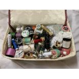 NEEDLEWORK BOX OF ASSORTED COTTONS AND HABERDASHERY