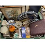BOX CONTAINING A CUT GLASS BOWL, BLUE AND WHITE PLATES, POLISHED AGATE, ETC