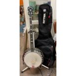 MAYA 5 STRING BANJO IN A RITTER NYLON CASE AND AN ADJUSTABLE STAND