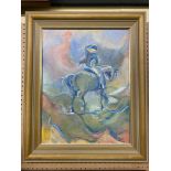 OIL ON CANVAS OF A PASTEL COLOURED COWBOY RIDING HORSEBACK SIGNED BY ARTIST