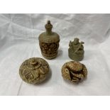 SOAP STONE CARVED SNUFF BOTTLE AND STOPPER, A SEATED 20TH CENTURY SEAL, COILED SERPENT,