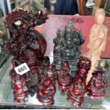 MODEL OF GANESH AND LACQUERED RESIN MODELS OF SEATED BUDDHAS AND A DRAGON