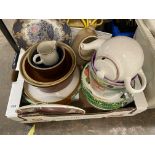 CARTON OF PASTA DISHES, PLATES, TEACUPS AND SAUCERS, CROCK POT,