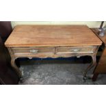 EDWARDIAN ROSEWOOD TWO DRAWER WRITING TABLE ON CABRIOLE LEGS 104CM W