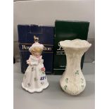 ROYAL DOULTON FIGURE SHARON AND A BELLECK DAISY SPILL VASE