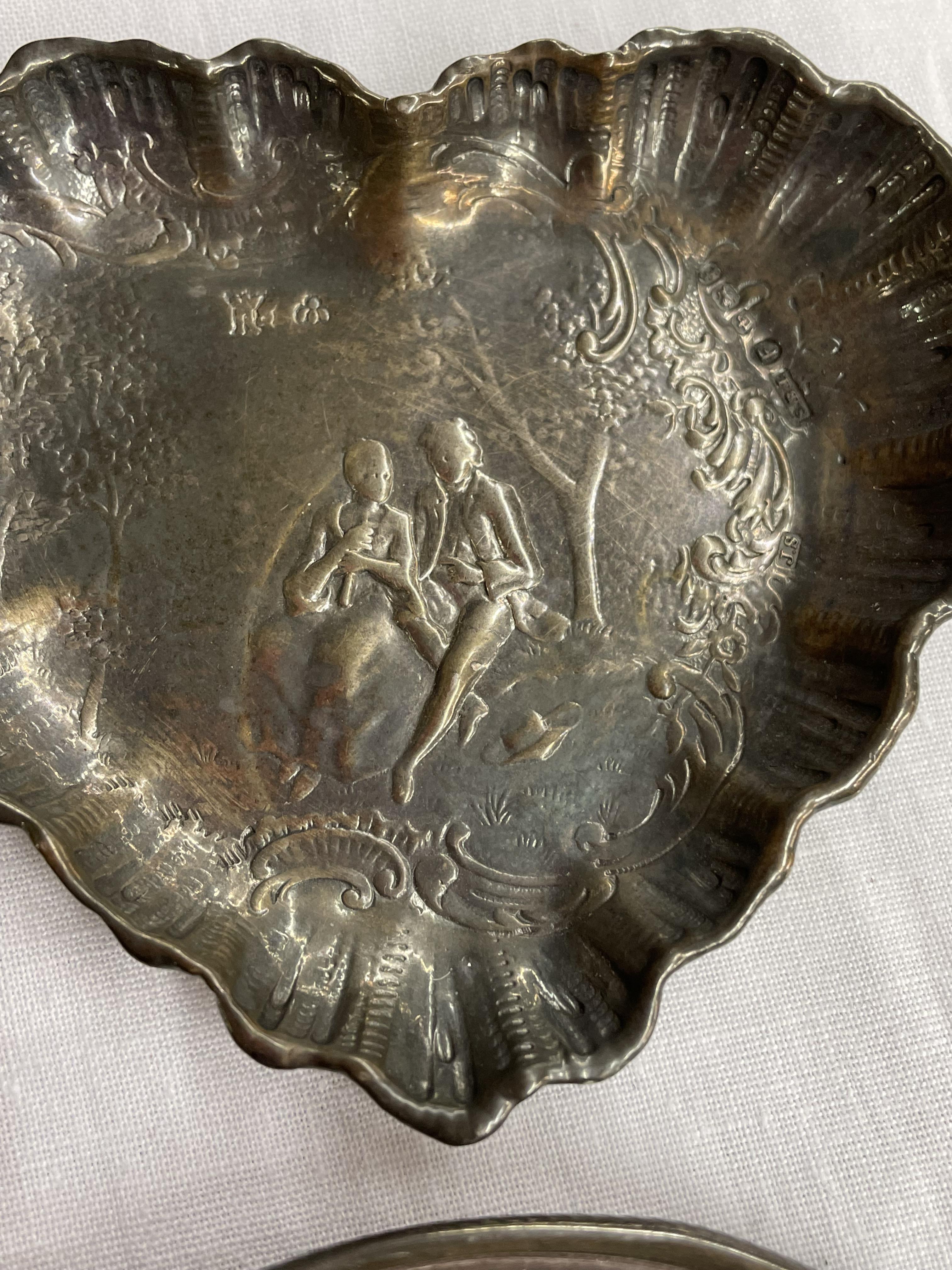 CONTINENTAL SILVER EMBOSSED HEART SHAPE PIN DISH AND A DAILY TELEGRAPH MORNING POST SILVER PIN DISH - Image 3 of 3