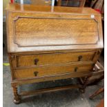 OAK BARLEY TWIST LEGGED BUREAU WITH FITTED INTERIOR 102CM H X 89CM W X 45CM D