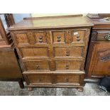 1920S OAK CHARLES II STYLE CHEST OF DRAWERS WITH GEOMETRIC MOLDED FRONTS ON BUN FEET 100CM H X 83CM