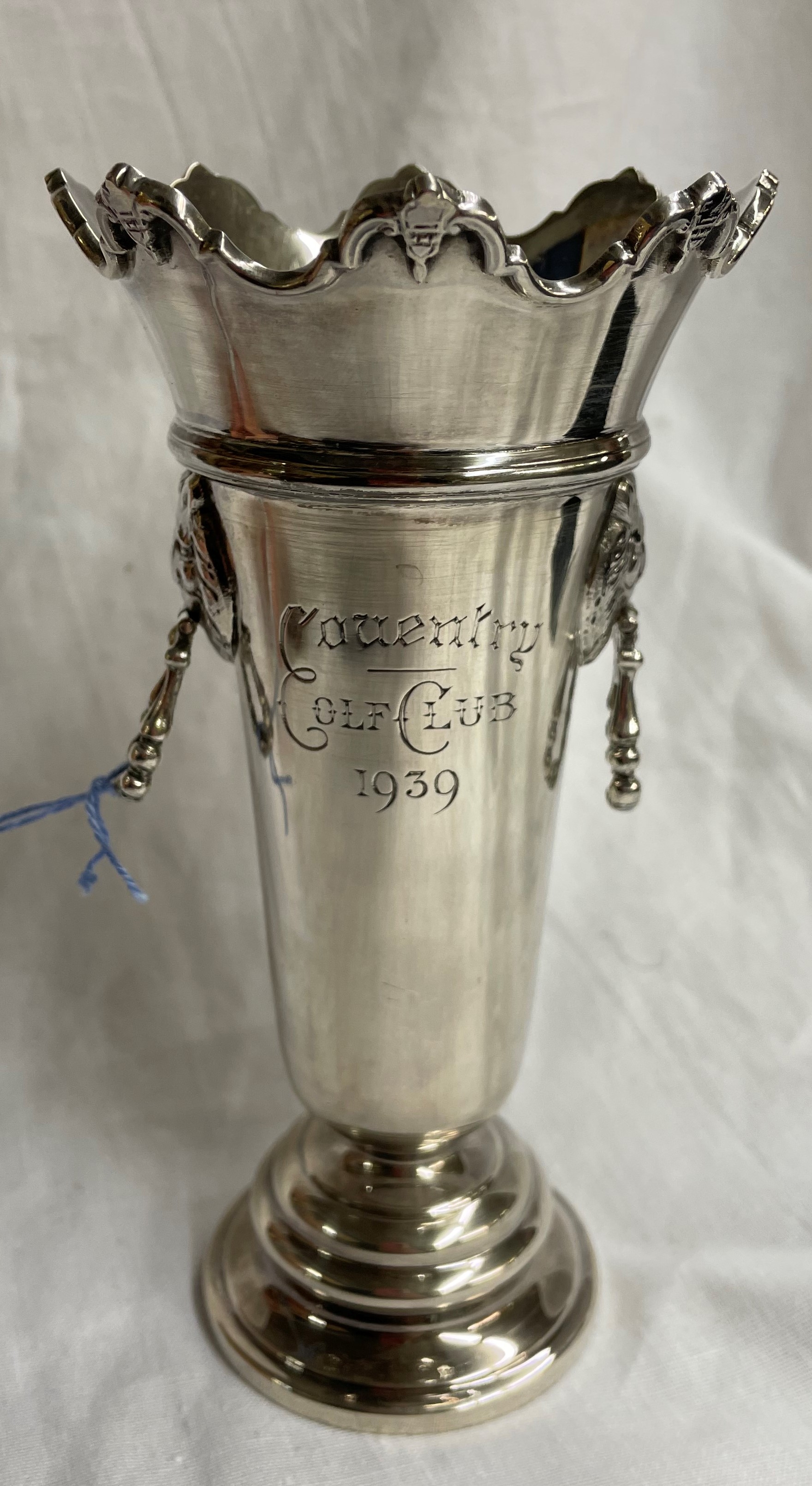 BIRMINGHAM SILVER FLARED PEDESTAL VASE WITH LIONS ,MASK HANDLES ENGRAVE COVENTRY GOLD CLUB 1939 6.