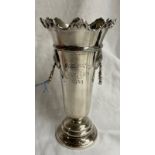 BIRMINGHAM SILVER FLARED PEDESTAL VASE WITH LIONS ,MASK HANDLES ENGRAVE COVENTRY GOLD CLUB 1939 6.